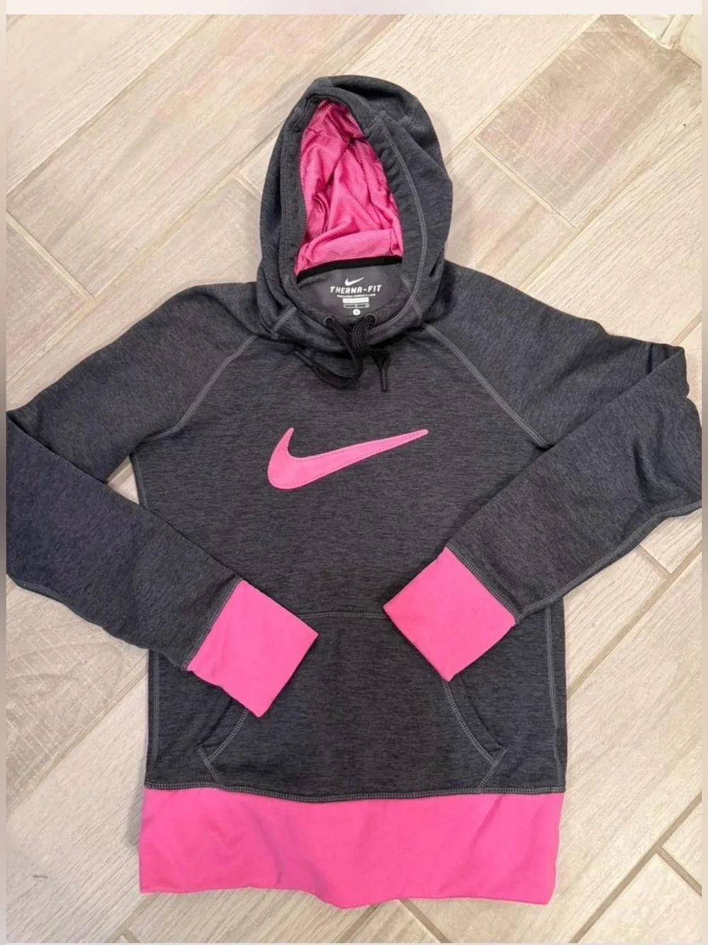 Nike Charcoal Hoodie with Pink Swoosh and Trim
